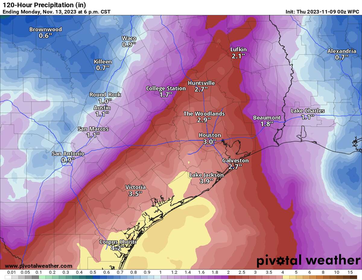 Shown here are the cumulative rainfall totals expected through next Monday. Widespread rainfall amounts of 1 to 3 inches are likely across Southeast Texas, though higher amounts are possible along the coast.