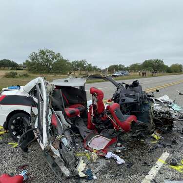 This image provided by the Texas Department of Public Safety, shows mangled vehicles at the scene of crash, Wednesday, Nov. 8, 2023, near Batesville, Texas. Eight people died in a South Texas car crash Wednesday while police chased a driver suspected of smuggling migrants, the Texas Department of Public Safety said. (Texas Department of Public Safety via AP)