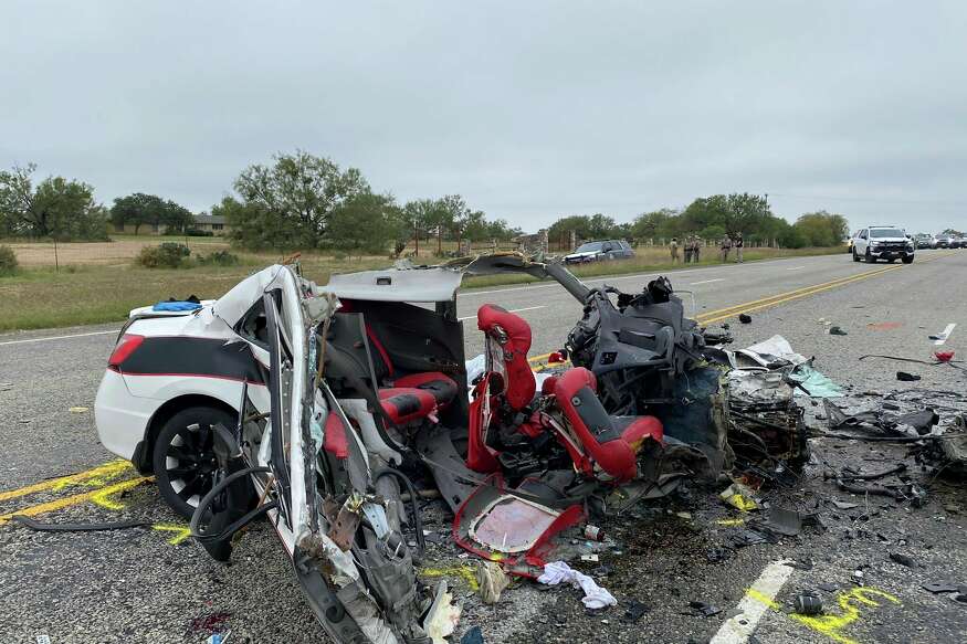 This image provided by the Texas Department of Public Safety, shows mangled vehicles at the scene of crash, Wednesday, Nov. 8, 2023, near Batesville, Texas. Eight people died in a South Texas car crash Wednesday while police chased a driver suspected of smuggling migrants, the Texas Department of Public Safety said. (Texas Department of Public Safety via AP)