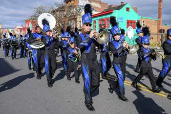 The Albany High School Marching Falcons during the Albany Veterans Day Parade on Saturday, Nov. 11, 2023, in Albany, NY.