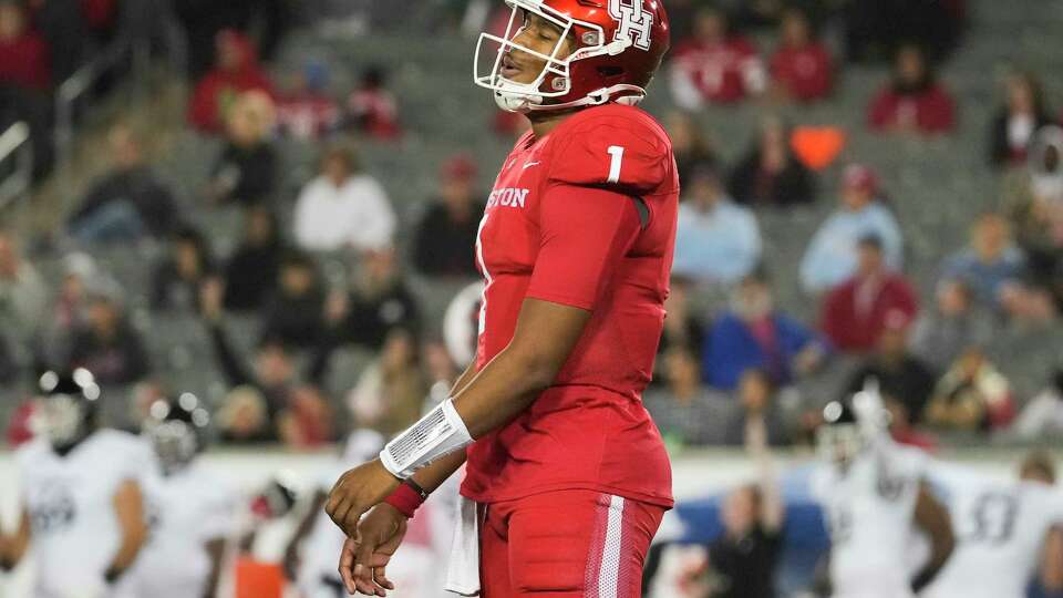 Houston Cougars quarterback Donovan Smith (1) reacts after throwing his second interception of the game during the second half of a NCAA college football game at TDECU Stadium, Saturday, Nov. 11, 2023, in Houston.