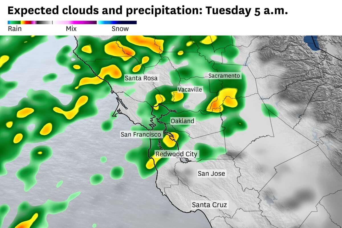 Se esperan lluvias, a veces intensas, en todo el Área de la Bahía el lunes por la noche y el martes por la mañana.  Es posible que llueva entre un cuarto y media pulgada en San Francisco, Oakland y Santa Rosa.