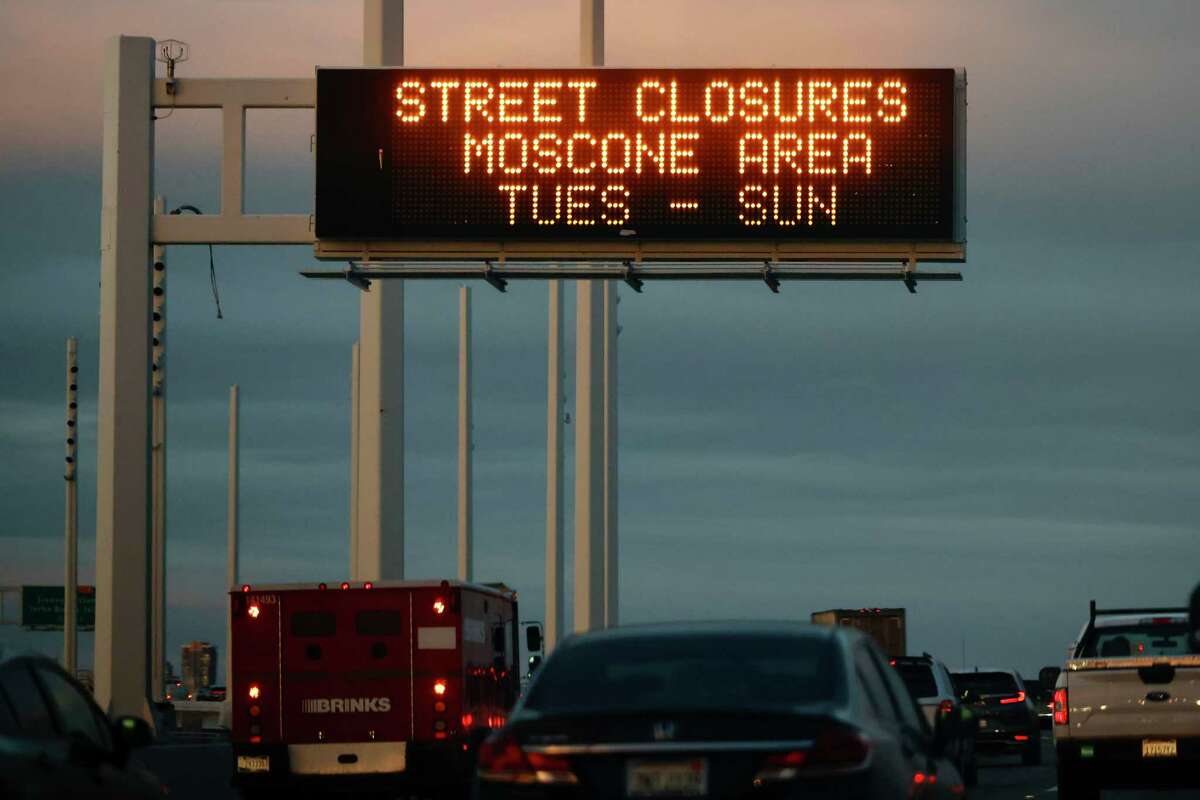 California Highway Patrol closes down the right lane of westbound Highway 80 coming into San Francisco on Tuesday.