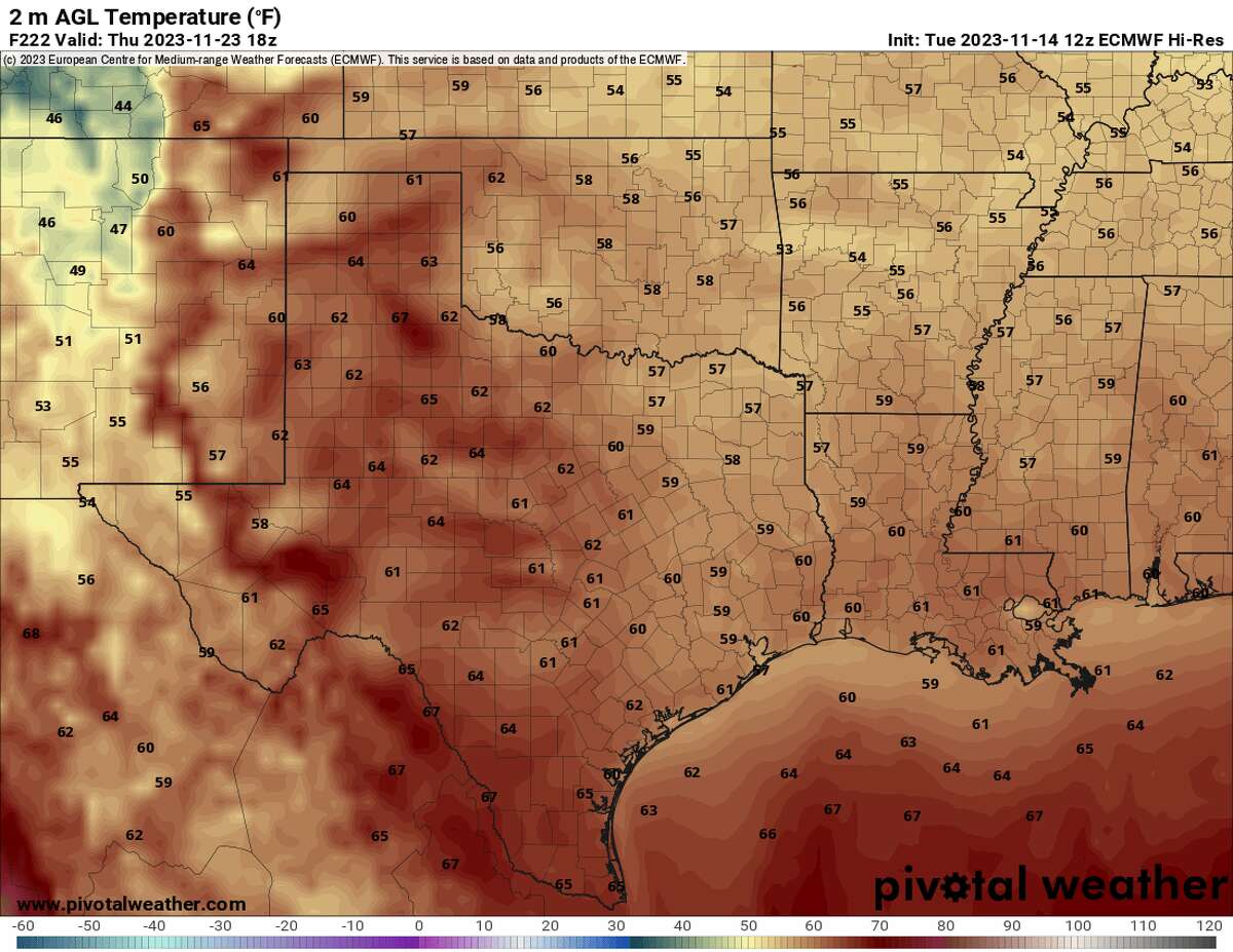 Here's a look at noon temperatures on Thanksgiving Day, according to the ECMWF model. Temperatures are expected to be in the mid 60s across much of Texas.