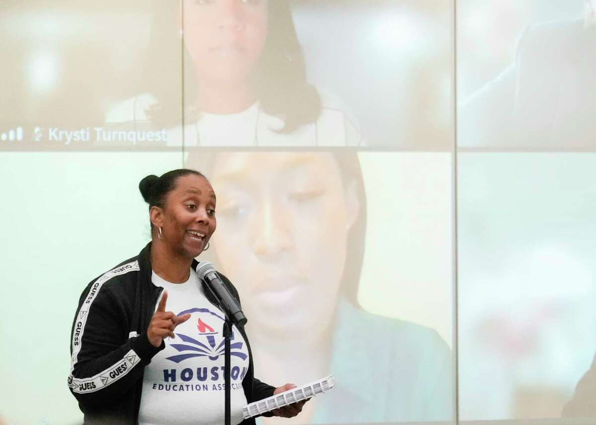 Michelle Williams speaks during the public comment portion as of the Houston ISD's District Advisory Committee meeting at the Hattie Mae White Educational Support Center, Tuesday, Nov. 14, 2023, in Houston.