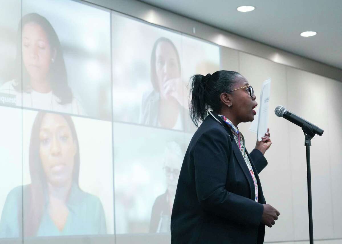 Traci Larson speaks during the public comment portion as of the Houston ISD's District Advisory Committee meeting at the Hattie Mae White Educational Support Center, Tuesday, Nov. 14, 2023, in Houston.