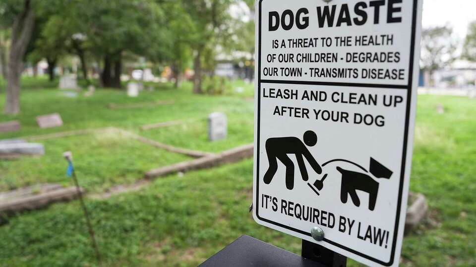 Waste bags and garbage can is placed along the path of College Memorial Park Cemetery to encourage people to be responsible on Thursday, Nov. 16, 2023 in Houston. The cemetery is one of a few of Houston's historically Black cemeteries that are in a dire state.