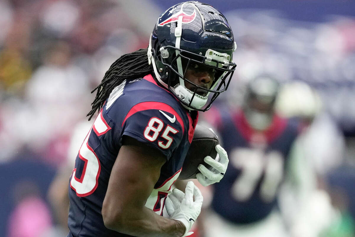 Houston Texans wide receiver Noah Brown (85) runs after making a catch during the first half an NFL football game Sunday, Oct. 15, 2023, in Houston.