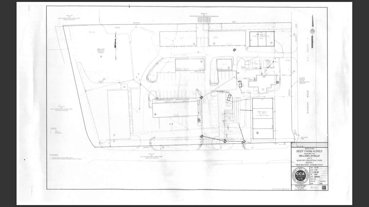 William Lavelle, the owner of the property at 568 Danbury Road in New Milford, is seeking the Zoning Commission's permission to build two new buildings at 568 Danbury Road, where he already added five industrial buildings. Pictured here is the site plan for the project.