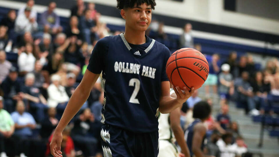 College Park's Aiden Buckmon (2) reacts after a foul call during the first quarter of a Region II-6A area high school playoff game at Tomball Memorial High School, Friday, Feb. 24, 2023, in Tomball.