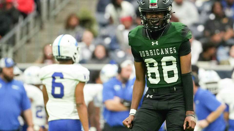 Hightower kicker Alex Agwunobi (88) reacts after hitting a 33-yard field goal during the second half of a Region III-6A Division 1 semifinal high school football playoff game at NRG Stadium, Friday, Nov. 24, 2023, in Houston.