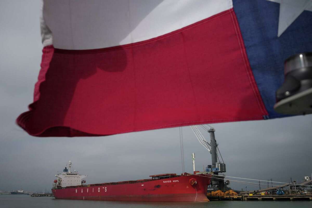 The sun shines on the Navios Hope as it sits docked Thursday, Nov. 16, 2023, in the Port of Corpus Christi in Corpus Christi.