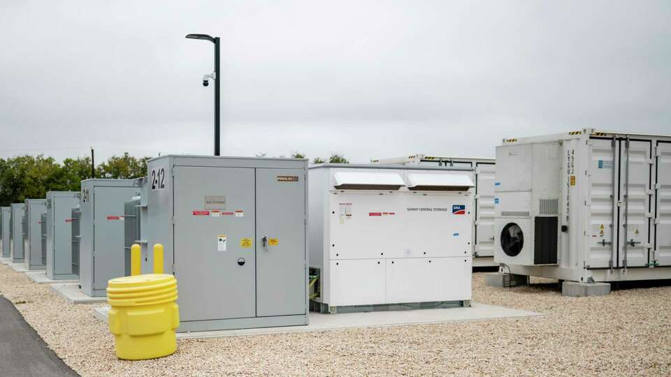A battery storage site outside Pflugerville, TX on Thursday, Nov. 16, 2023. The site is used to store batteries that hold reserve electricity that can be used by ERCOT. (Sergio Flores/Express News)