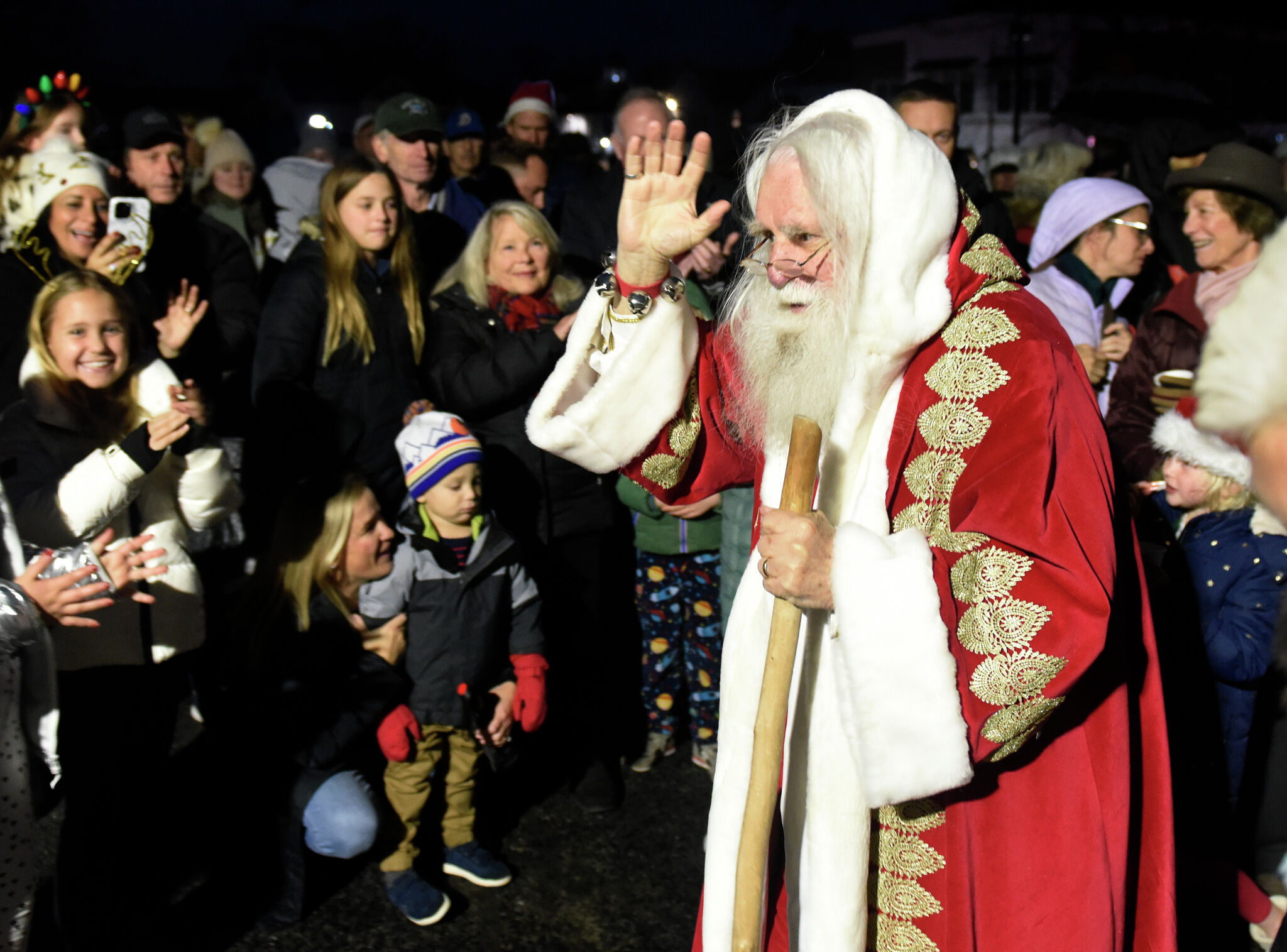 Santa lights annual Christmas tree at Darien Sport Shop
