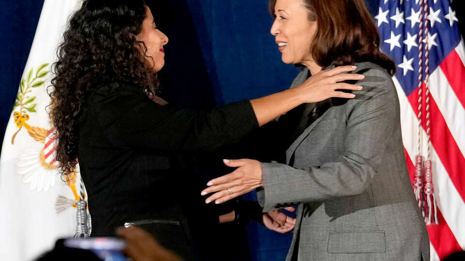 Vice President Kamala Harris greets Harris County Judge Lina Hidalgo at an event in U.S. Rep. Sylvia Garcia's district on Monday, Nov. 27, 2023, in Houston.