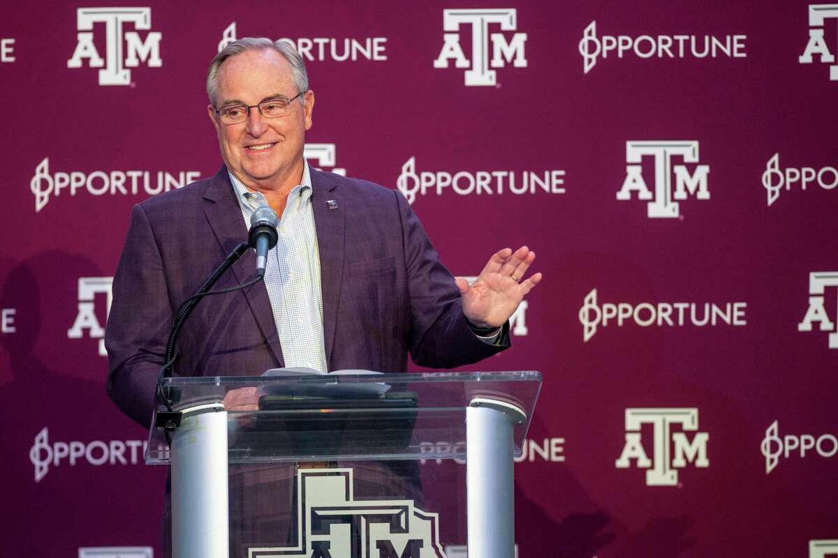 Texas A&M president Mark Welsh III speaks at awelcome celebration for new head coach Mike Elko on Monday, Nov. 27, 2023, in College Station, Texas. (Meredith Seaver/College Station Eagle via AP)