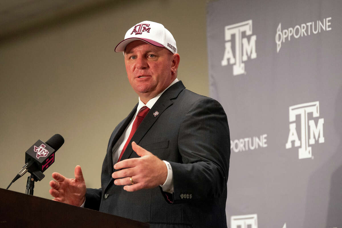 Newly appointed Texas A&M head coach Mike Elko speaks to the press on Monday, Nov. 27, 2023, in College Station, Texas.