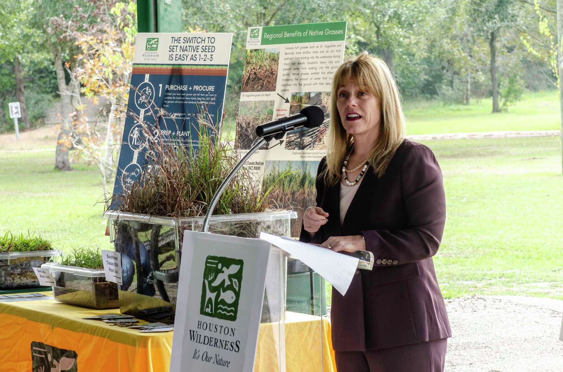 Harris County Flood Control District Director, Dr. Tina Peterson, discusses the development and use of the Native Seed Mix and related programs during a press conference Wednesday, Nov. 29, 2023 at Christie V. Adair Park in Pearland.