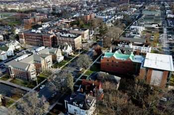 The College of Saint Rose campus and surrounding buildings, looking east down Western Ave. on Wednesday, Nov. 29, 2023, in Albany, N.Y.