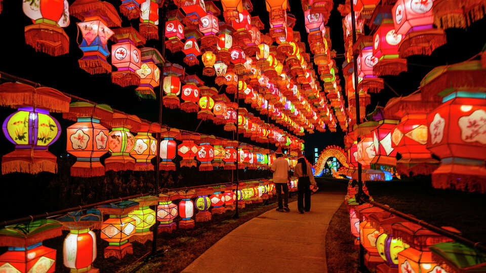 A walkway of Chinese lanterns during the new holiday light show, Radiant Nature at the Houston Botanic Garden on Saturday, Nov. 18, 2023, in Houston. Radiant Nature is inspired by traditional Chinese lantern designs, including a huge 200-foot dragon to celebrate 2024 being the Year of the Dragon, a 100-foot magnolia tunnel, a 50-foot pagoda and a field of 10-foot bluebonnets, among many others. It's a cool mix of Asian-themed installations and floral / natural themed ones, but all of them are incredibly impressive. There are also several interactive elements for guests to play with along the route as well. It opens to the public on Nov. 17 and runs through the end of February in order to help Houstonians celebrate ALL of the holidays, including Lunar New Year and the Chinese Lantern Festival.