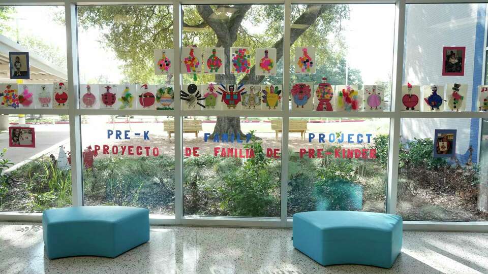 The dual language program pre-k family project is displayed at the lobby on Monday, Nov. 27, 2023 at Gregg Elementary School in Houston.