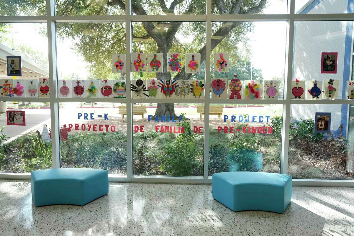 The dual language program pre-k family project is displayed at the lobby on Monday, Nov. 27, 2023 at Gregg Elementary School in Houston.