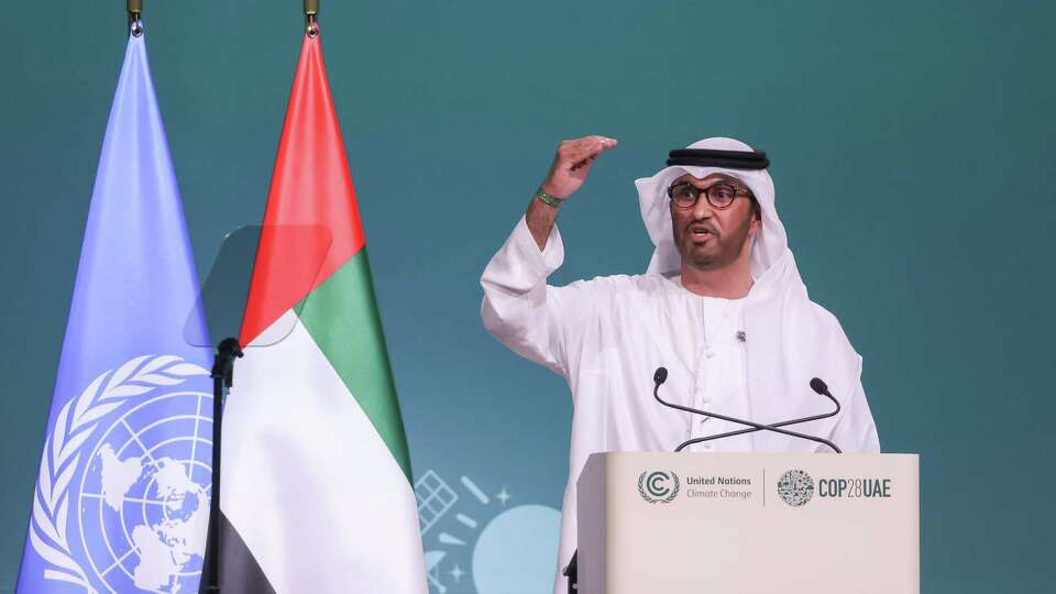 Sultan Ahmed Al Jaber, chief executive officer of Abu Dhabi National Oil Co. (ADNOC) and president of COP28, speaks on the opening day of the COP28 climate conference at Expo City in Dubai, United Arab Emirates, on Thursday, Nov. 30, 2023. More than 70,000 politicians, diplomats, campaigners, financiers and business leaders will fly to Dubai to talk about arresting the world's slide toward environmental catastrophe. Photographer: Hollie Adams/Bloomberg