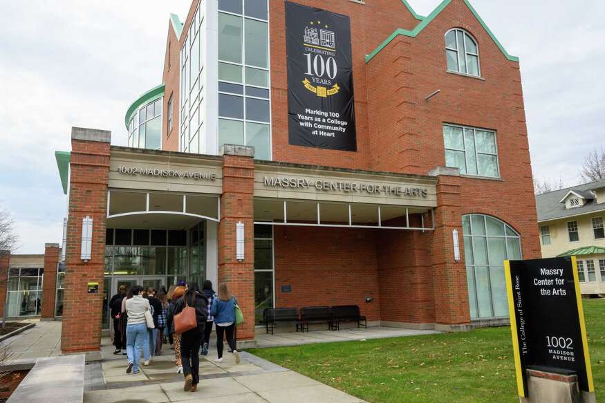 Students file into the College of Saint Rose Massry Center for the Arts to hear an address by interim President Marcia White on Friday, Dec. 1, 2023, a day after news of the college’s closing broke in Albany, NY.