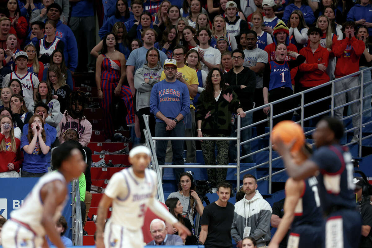 LAWRENCE, KANSAS - DECEMBER 01: Actor Jason Sudekis watches from the stands during the 1st half of the game between the Connecticut Huskies and the Kansas Jayhawks at Allen Fieldhouse on December 01, 2023 in Lawrence, Kansas. (Photo by Jamie Squire/Getty Images)