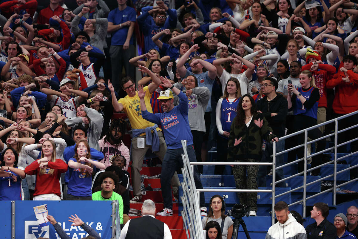 LAWRENCE, KANSAS - DECEMBER 01: Actor Jason Sudekis cheers during the 1st half of the game between the Connecticut Huskies and the Kansas Jayhawks at Allen Fieldhouse on December 01, 2023 in Lawrence, Kansas. (Photo by Jamie Squire/Getty Images)