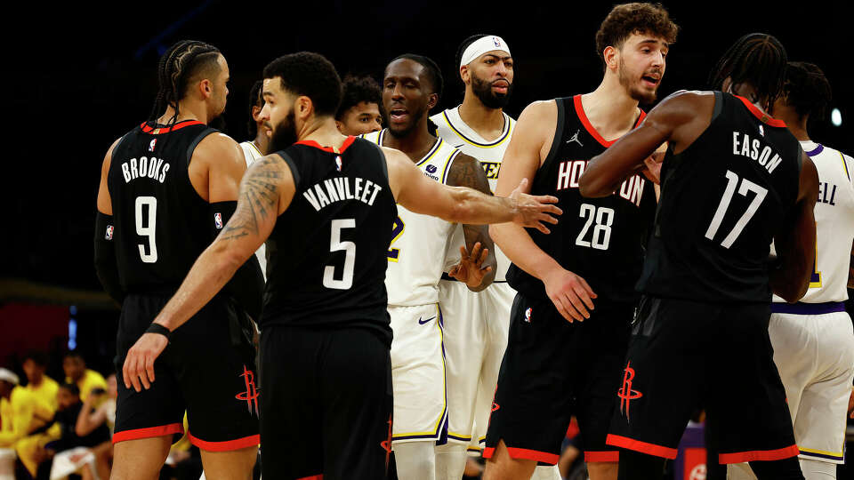 The Los Angeles Lakers and the Houston Rockets exchange words in the second half at Crypto.com Arena on December 02, 2023 in Los Angeles, California. (Photo by Ronald Martinez/Getty Images)