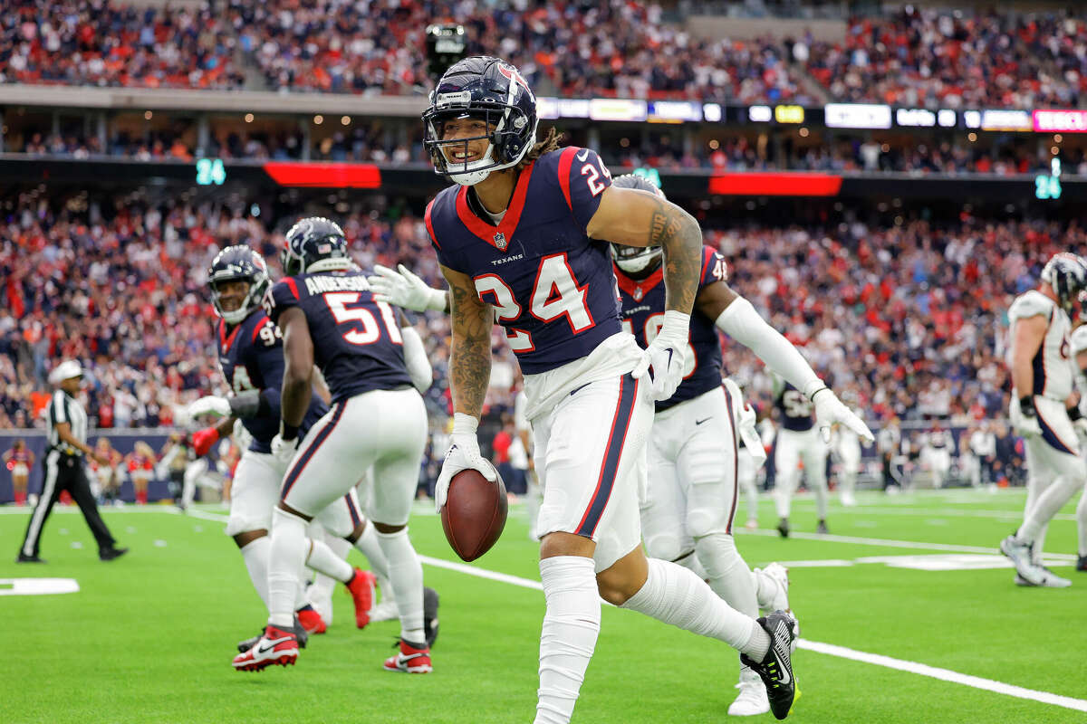 Derek Stingley Jr. #24 of the Houston Texans celebrates after making an interception in the third quarter against the Denver Broncos at NRG Stadium on December 03, 2023 in Houston, Texas. 