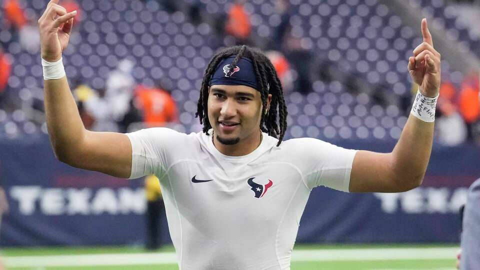 Houston Texans quarterback C.J. Stroud (7) runs off the field celebrating after the Texans edged the Denver Broncos 22-17 in an NFL football game Sunday, Dec. 3, 2023, in Houston.