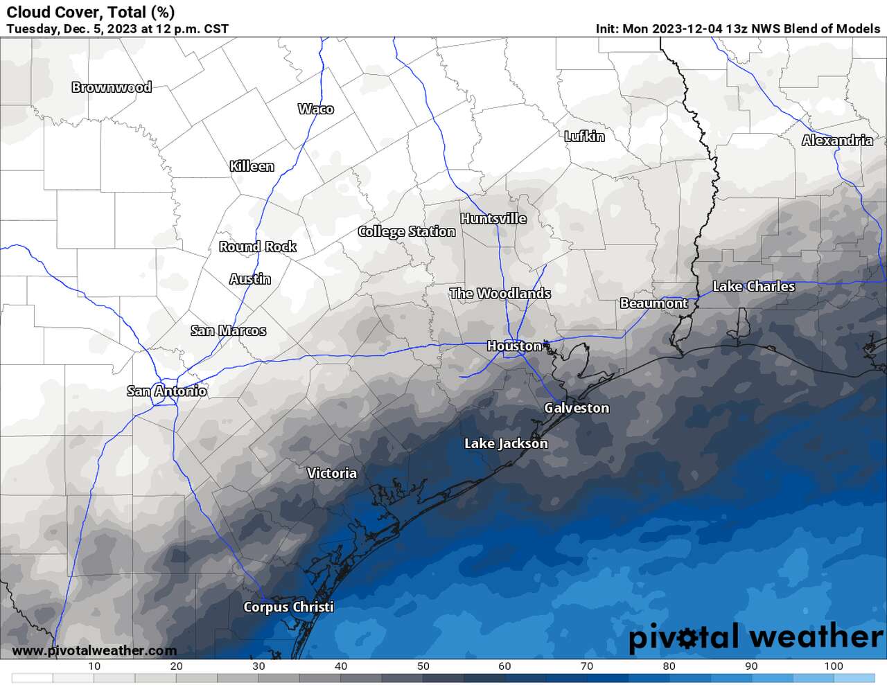 This map shows forecast cloud cover for Tuesday afternoon. The deeper cloud cover will remain generally offshore of the Upper Texas Coast. Mostly sunny skies are expected across much of Southeast Texas Tuesday.