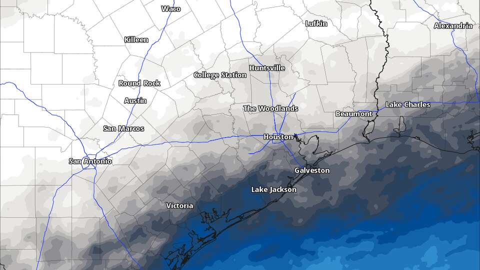 This map shows forecast cloud cover for Tuesday afternoon. The deeper cloud cover will remain generally offshore of the Upper Texas Coast. Mostly sunny skies are expected across much of Southeast Texas Tuesday.