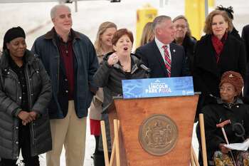 Mayor Kathy Sheehan speaks during a press conference where local leaders kicked-off removal of current pool with golden sledgehammers at the Lincoln Park pool in Albany, N.Y. on Monday, Dec. 4, 2023. The new Lincoln Park pool is slated to open in the summer of 2025.