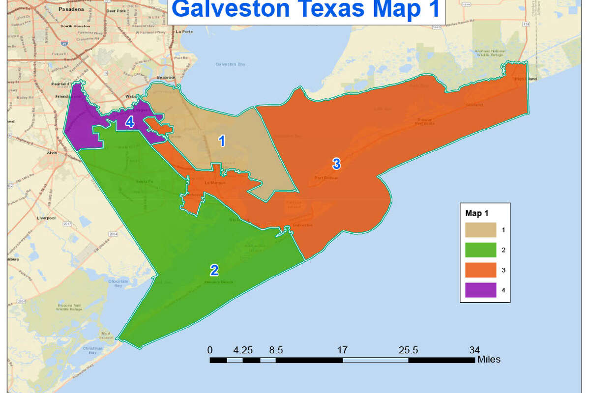 Because Galveston County commissioners failed to come up with a map that met a federal court's approval, next spring's primaries will use the above map.