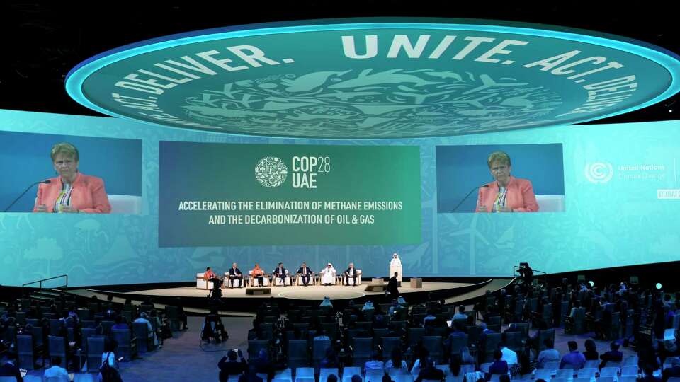 Vicki Hollub, president CEO Occidental, speaks during a session on eliminating methane emissions at the COP28 U.N. Climate Summit, Tuesday, Dec. 5, 2023, in Dubai, United Arab Emirates. (AP Photo/Rafiq Maqbool)