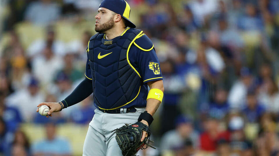 Victor Caratini of the Milwaukee Brewers in the first inning at Dodger Stadium on August 17, 2023 in Los Angeles, California.