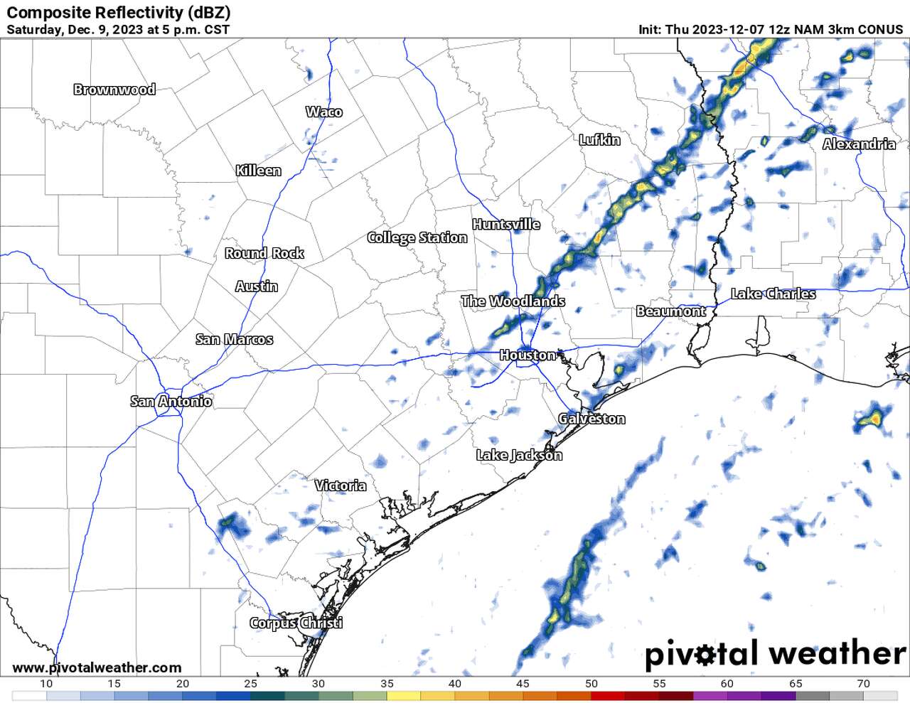 This map shows one model's depiction of what radar could look like Saturday evening. Notice the thin band of showers and storms ahead of the cold front moving through Southeast Texas. This narrow ribbon of storms could bring a damaging wind and hail risk, though the risk is not expected to be widespread. 