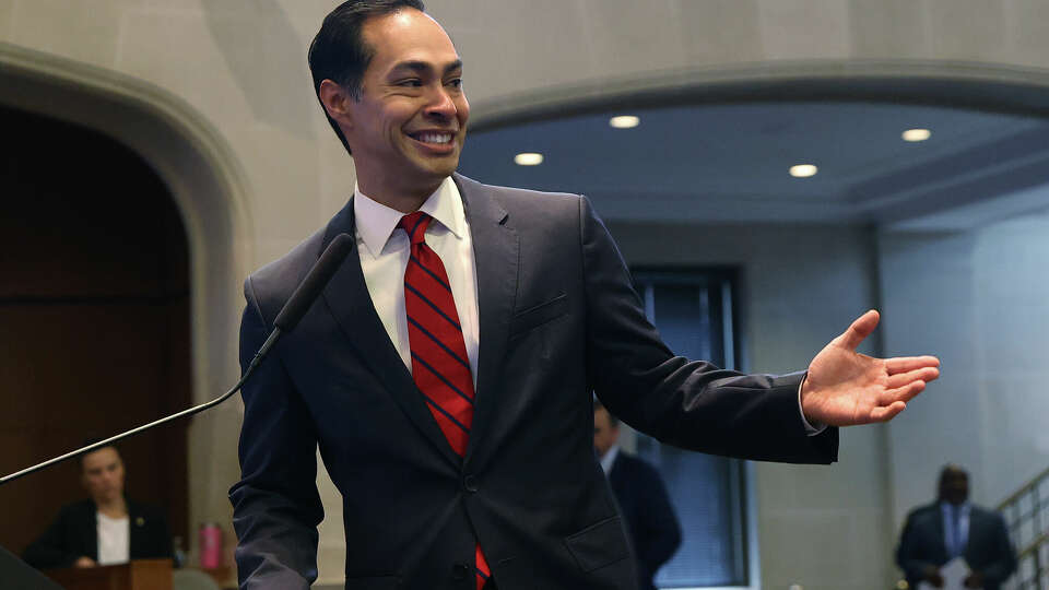 Former Housing Secretary Julian Castro speaks to endorse his mother, Rosie Castro, before she gets sworn in at Council Chambers as the interim District 7 councilperson to replace Ana Sandoval on Thursday, Mar. 2, 2023. Castro will temporarily hold the seat for the next three months.