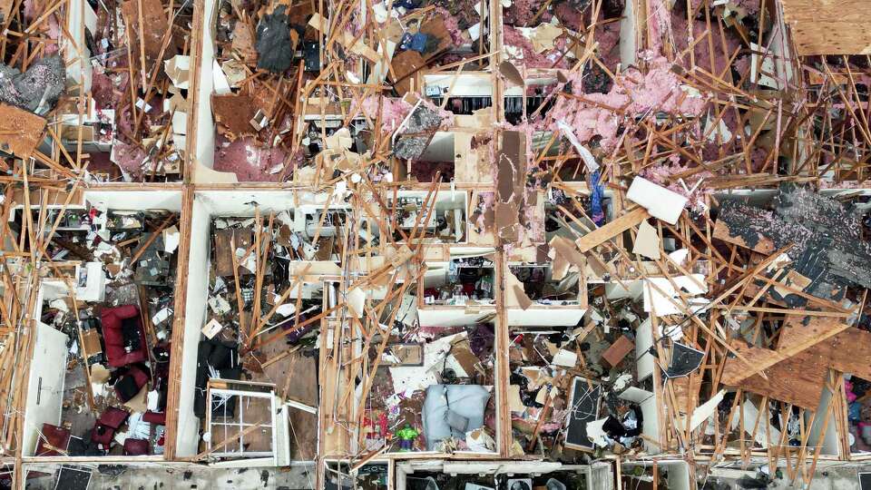 The damage caused by a tornado to Beamer Place Apartments in Houston is seen on Wednesday, Jan. 25, 2023.
