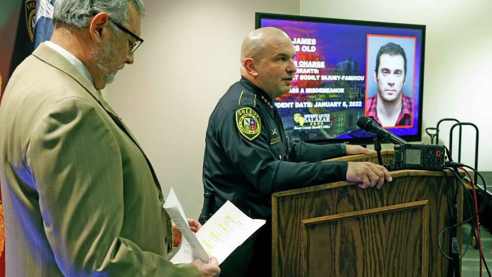 Bexar County District Attorney Joe Gonzales and Sheriff Javier Salazar hold a press conference on at double fatal shooting at 6403 Port Royal on Wednesday. Dec. 6, 2023