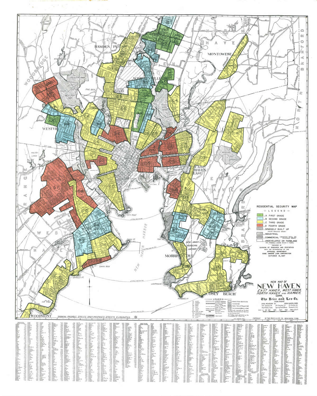 A 1937 map of New Haven divides the cities into areas deemed by experts to be risky for investment. Areas in red have been "redlined" and were cut off in many cases from loans and other financing. A recent study shows that the impact of these redlining decisions can be seen today in the density of bird sightings in each neighborhood nationwide. New Haven has the highest disparity. Scan provided by Mapping Inequality.  