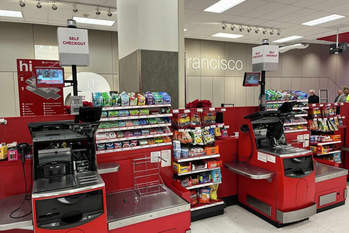 Self-checkout machines are closed at Target at 789 Mission St, San Francisco, on Dec. 8, 2023.