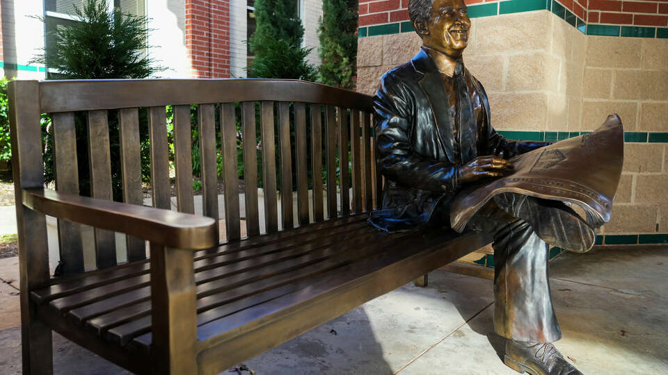 A statue of Coulson Tough, the architect of The Woodlands and friends of founder George Mitchell, is seen at Tough Elementary School, Friday, Dec. 8, 2023, in The Woodlands. Tough helped build 130 buildings in The Woodlands along with various public art projects.