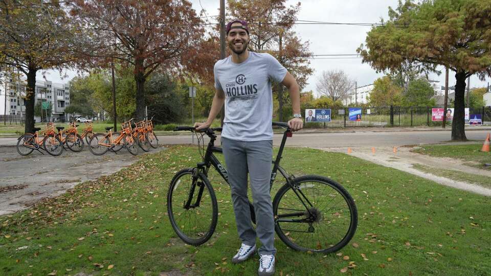 City Controller candidate Chris Hollins leads a bike ride to the polls on Election Day on Saturday, Dec. 9, 2023, in Houston.