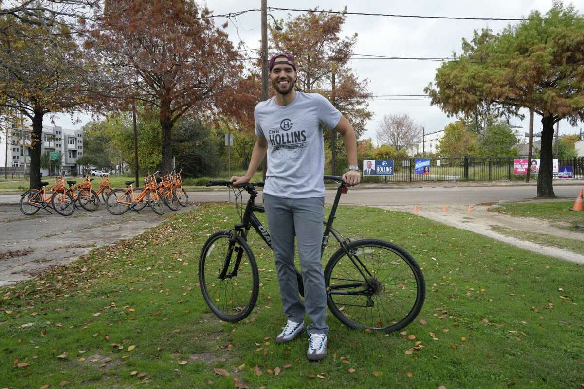 City Controller candidate Chris Hollins leads a bike ride to the polls on Election Day on Saturday, Dec. 9, 2023, in Houston.