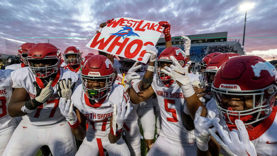 Members of the North Shore team celebrate after defeating Austin Westlake inf 6A UIL high school football semifinal action held in Pflugerville, Texas, on Saturday, December 9, 2023. North Shore defeated Austin Westlake 23-14.