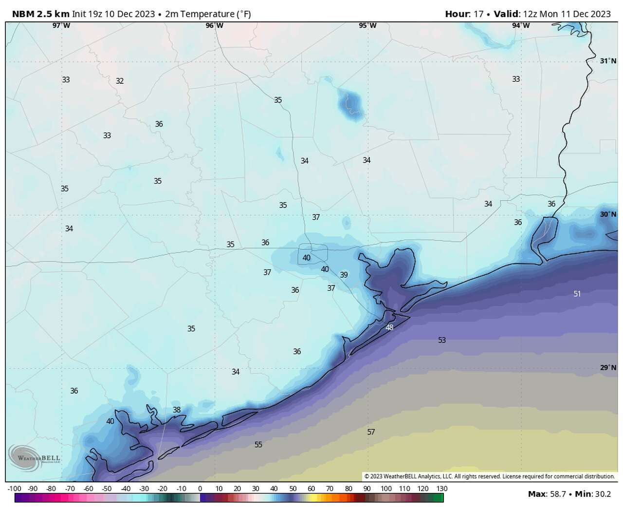 This map shows forecast temperatures Monday morning. Much of Southeast Texas woke up to temperatures near and slightly above freezing early Monday morning.